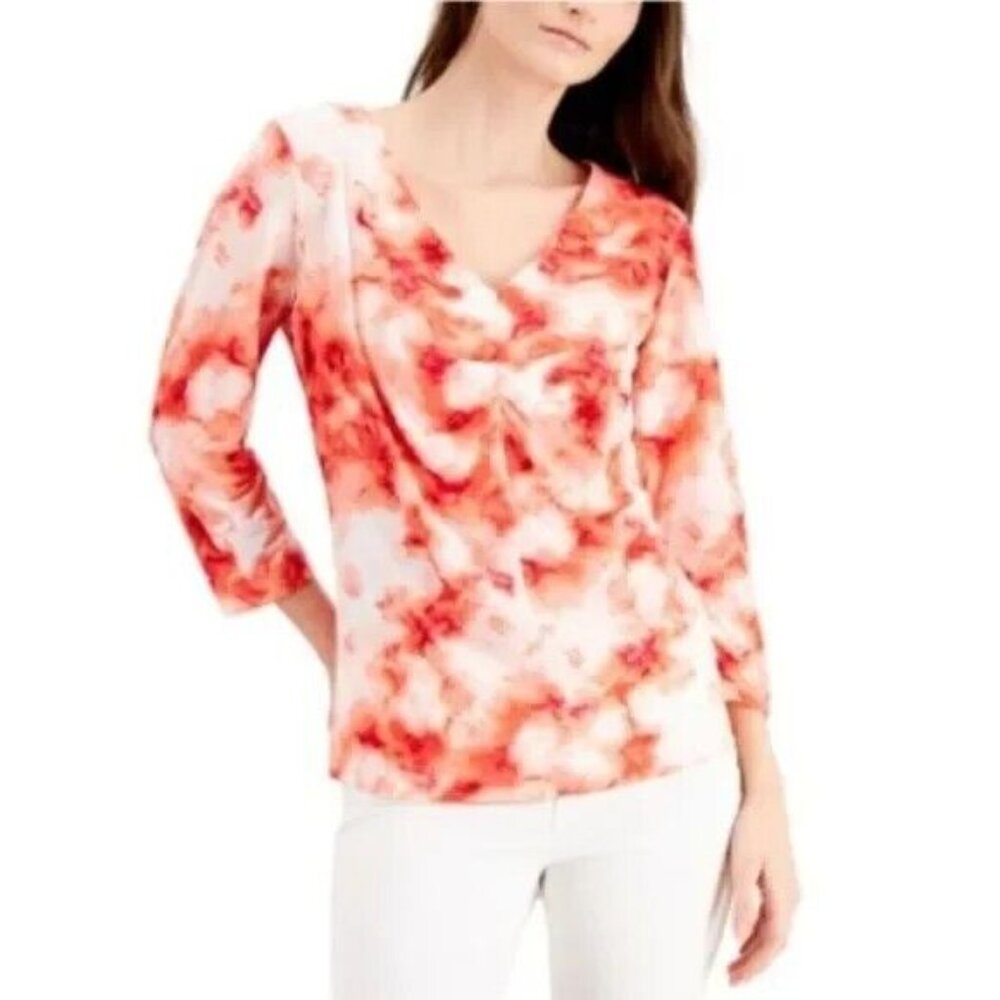 JPR Studio Womens Medium Coral Pink Ruched V Neck Long Sleeve Top NWT BT84